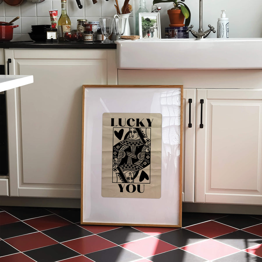 'Lucky You' print featuring a bold Queen of Hearts-inspired design with vintage playing card aesthetics, perfect for funky modern home decor. Get 2PrintsFor$100 that comes with Free Shipping 🚚💫 in Australia.