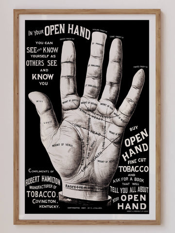 'Palm Reading' print featuring a vintage-inspired hand illustration with palmistry details, perfect for mystical and funky modern home decor. Get 2PrintsFor$100 that comes with Free Shipping 🚚💫 in Australia.