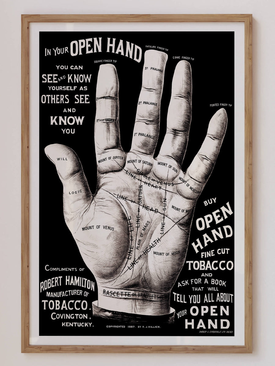 'Palm Reading' print featuring a vintage-inspired hand illustration with palmistry details, perfect for mystical and funky modern home decor. Get 2PrintsFor$100 that comes with Free Shipping 🚚💫 in Australia.