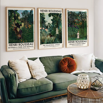 A set of 3 Henri Rousseau prints featuring lush jungle scenes, tropical plants, and exotic animals. Perfect for botanical wall art lovers, this vintage collection brings an elegant yet wild aesthetic to any space.