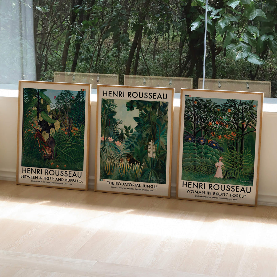 A set of 3 Henri Rousseau prints featuring lush jungle scenes, tropical plants, and exotic animals. Perfect for botanical wall art lovers, this vintage collection brings an elegant yet wild aesthetic to any space.