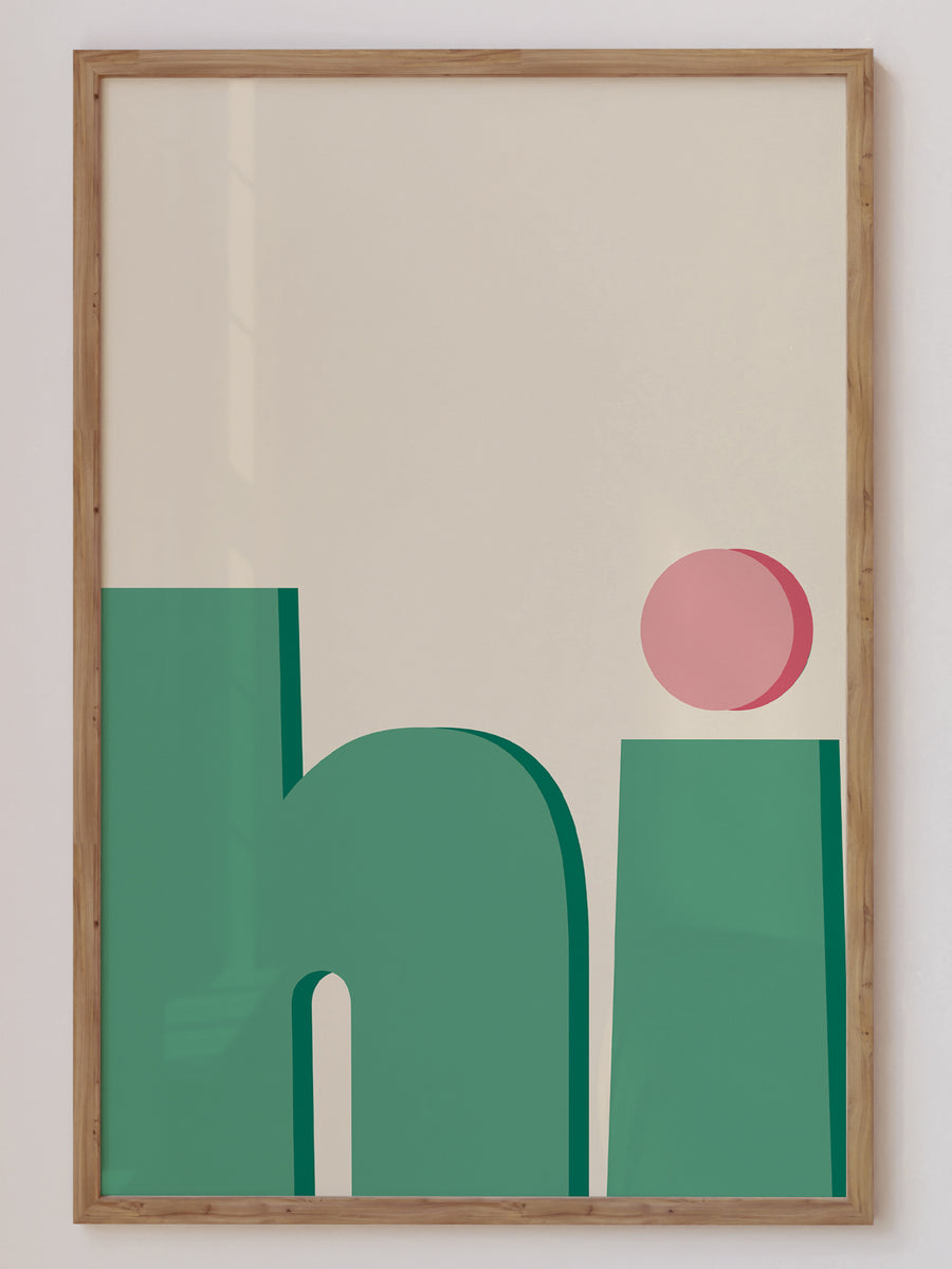 'Hi' print featuring bold, minimalist typography for a trendy and modern touch, perfect for funky home decor. Get 2PrintsFor$100 that comes with Free Shipping 🚚💫 in Australia.