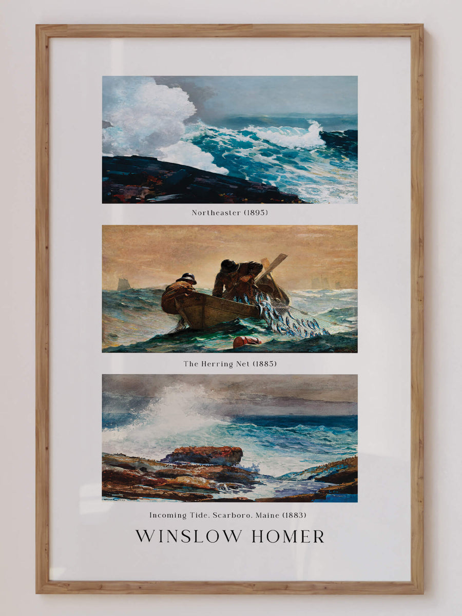 The Sea' by Winslow Homer – A vintage maritime art print featuring three iconic ocean-themed paintings: 'Northeaster' (1895), 'The Herring Net' (1885), and 'Incoming Tide, Scarboro, Maine' (1883). Get 2PrintsFor$100 with Free Shipping 🚚💫 in Australia.