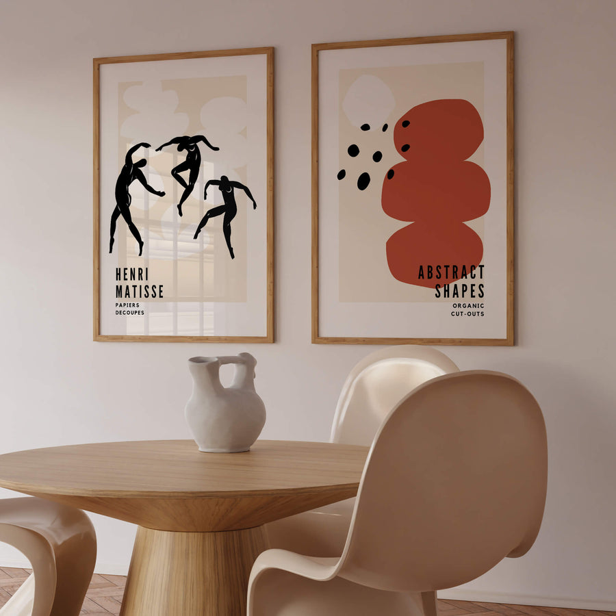 Matisse-inspired abstract wall art print with earthy red, white, and black organic shapes on a beige background. Get 2PrintsFor$100 that comes with Free Shipping 🚚💫 in Australia.