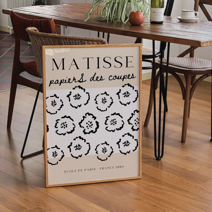 Matisse-inspired floral print featuring black abstract flowers on a neutral beige background. A modern and minimalist wall art piece perfect for contemporary interiors. Get 2PrintsFor$100 that comes with Free Shipping 🚚💫 in Australia.