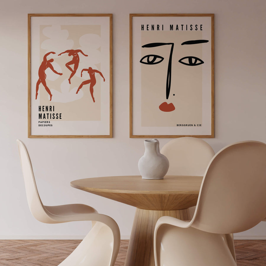 Matisse-inspired terracotta abstract print featuring elegant dancing figures against a soft beige background. A modern and minimalist wall art piece perfect for contemporary interiors. Get 2PrintsFor$100 that comes with Free Shipping 🚚💫 in Australia.