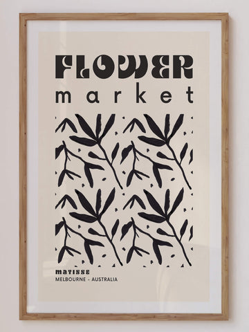 Matisse-inspired black and white Flower Market Melbourne print featuring hand-drawn botanical elements on a neutral beige background. A minimalist yet bold wall art piece. Get 2PrintsFor$100 that comes with Free Shipping 🚚💫 in Australia.