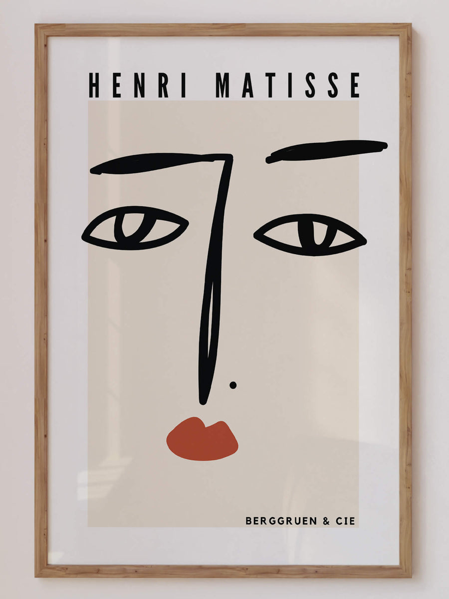 Matisse-inspired minimalist face line art print featuring bold black strokes and terracotta lips on a neutral background. A modern and elegant wall art piece. Get 2PrintsFor$100 that comes with Free Shipping 🚚💫 in Australia.