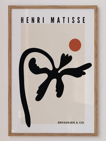 Matisse-inspired black abstract palm print featuring organic cut-out shapes with a terracotta sun on a neutral beige background. A modern and minimalist botanical wall art piece. Get 2PrintsFor$100 that comes with Free Shipping 🚚💫 in Australia.