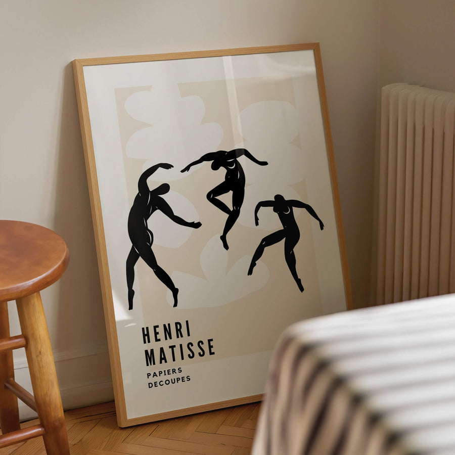 Matisse-inspired black and white abstract print featuring elegant dancing figures against a soft beige background. A minimalist and modern wall art piece. Get 2PrintsFor$100 that comes with Free Shipping 🚚💫 in Australia.