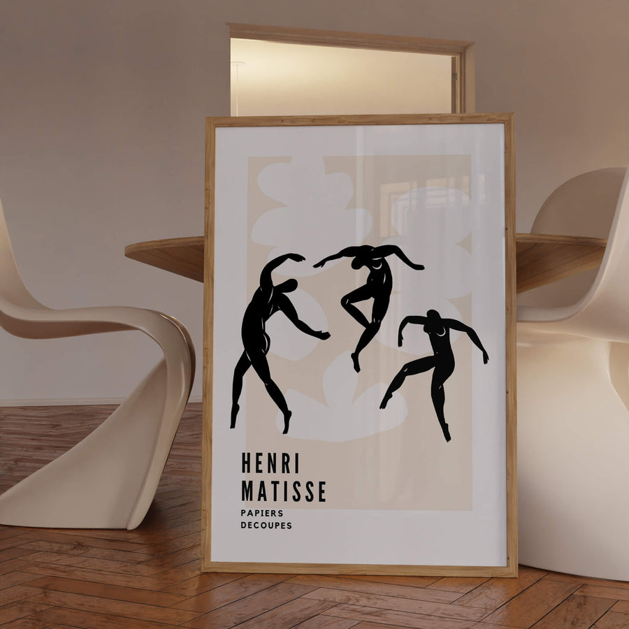 Matisse-inspired black and white abstract print featuring elegant dancing figures against a soft beige background. A minimalist and modern wall art piece. Get 2PrintsFor$100 that comes with Free Shipping 🚚💫 in Australia.