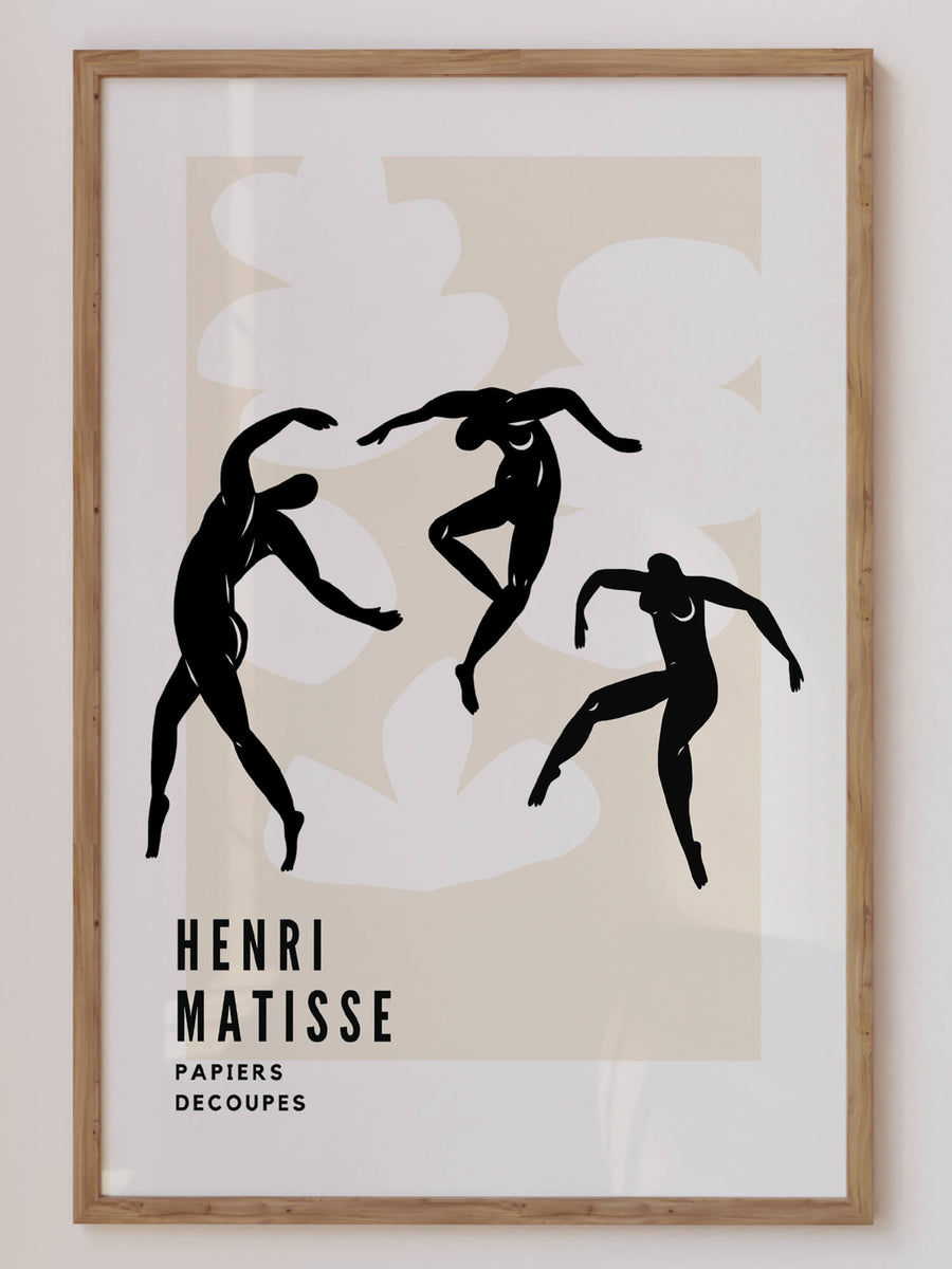 Matisse-inspired black and white abstract print featuring elegant dancing figures against a soft beige background. A minimalist and modern wall art piece. Get 2PrintsFor$100 that comes with Free Shipping 🚚💫 in Australia.