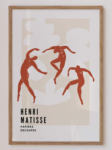 Matisse-inspired terracotta abstract print featuring elegant dancing figures against a soft beige background. A modern and minimalist wall art piece perfect for contemporary interiors. Get 2PrintsFor$100 that comes with Free Shipping 🚚💫 in Australia.