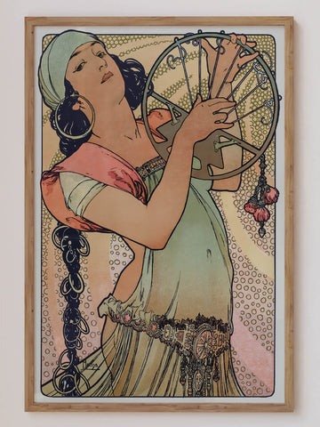 Salome print by Alphonse Mucha in Art Nouveau style, featuring intricate patterns, soft muted tones, and timeless vintage charm. Ideal for elegant and artistic home decor.