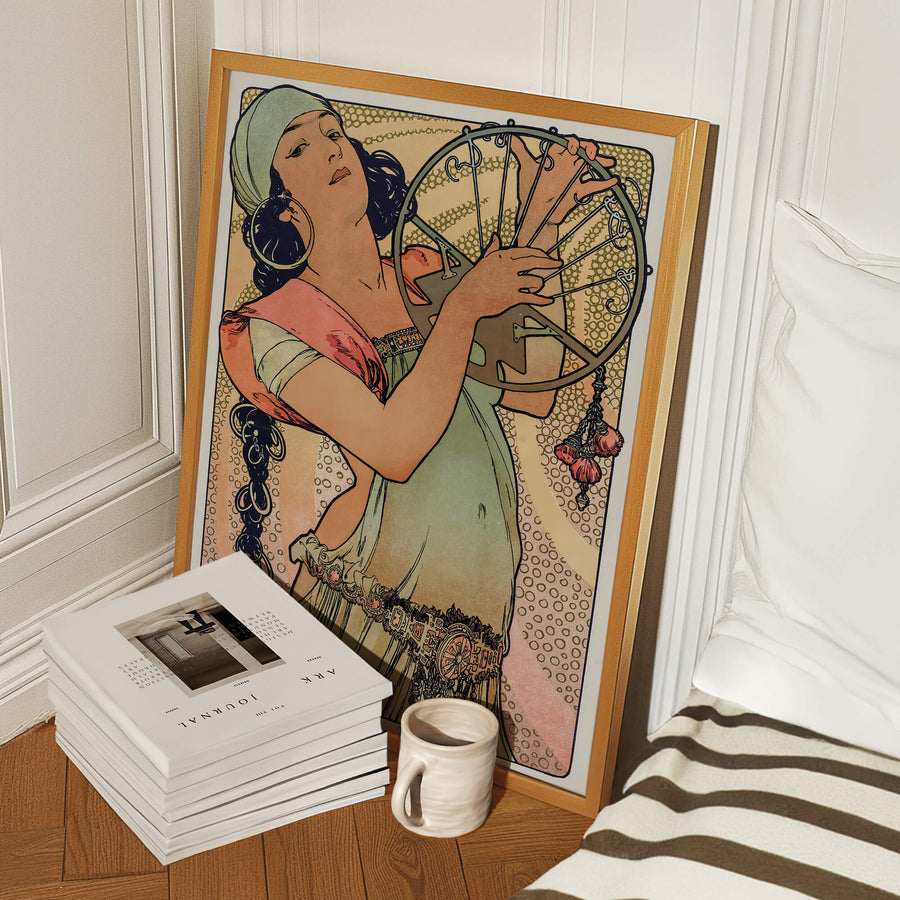 Salome print by Alphonse Mucha in Art Nouveau style, featuring intricate patterns, soft muted tones, and timeless vintage charm. Ideal for elegant and artistic home decor.