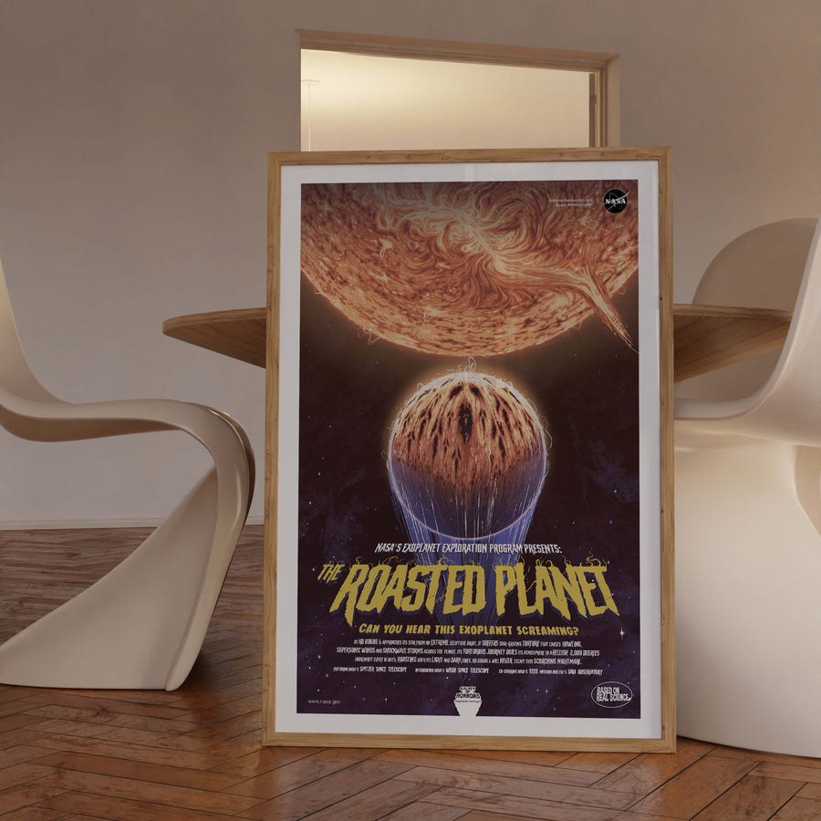 'The Roasted Planet' print by NASA featuring a fiery exoplanet in a sci-fi horror-inspired cosmic scene, perfect for space lovers and funky modern home decor. Get 2PrintsFor$100 that comes with Free Shipping 🚚💫 in Australia.