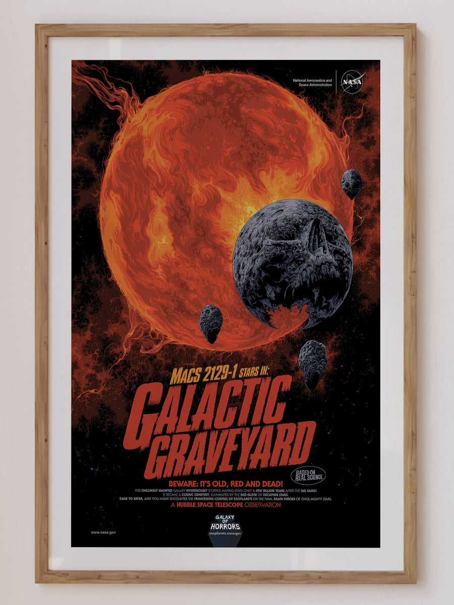 'Galactic Graveyard' print by NASA featuring a haunting space horror-inspired design with fiery cosmic elements, perfect for sci-fi and funky modern home decor. Get 2PrintsFor$100 that comes with Free Shipping 🚚💫 in Australia