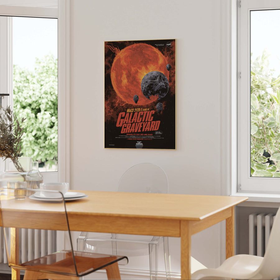 'Galactic Graveyard' print by NASA featuring a haunting space horror-inspired design with fiery cosmic elements, perfect for sci-fi and funky modern home decor. Get 2PrintsFor$100 that comes with Free Shipping 🚚💫 in Australia