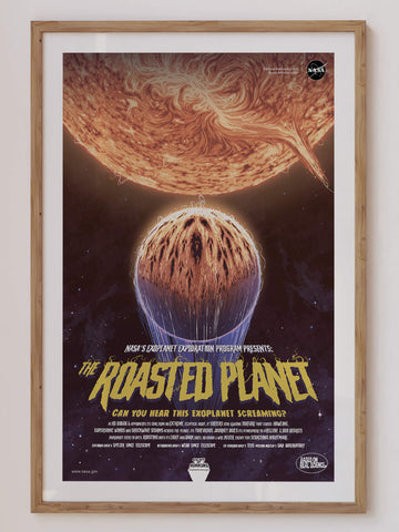 'The Roasted Planet' print by NASA featuring a fiery exoplanet in a sci-fi horror-inspired cosmic scene, perfect for space lovers and funky modern home decor. Get 2PrintsFor$100 that comes with Free Shipping 🚚💫 in Australia.