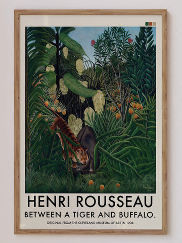 A captivating Henri Rousseau jungle print, depicting a tiger and buffalo hidden in lush tropical foliage. This vintage French masterpiece adds an exotic and dramatic touch to any space, perfect for maximalist decor lovers and art enthusiasts.