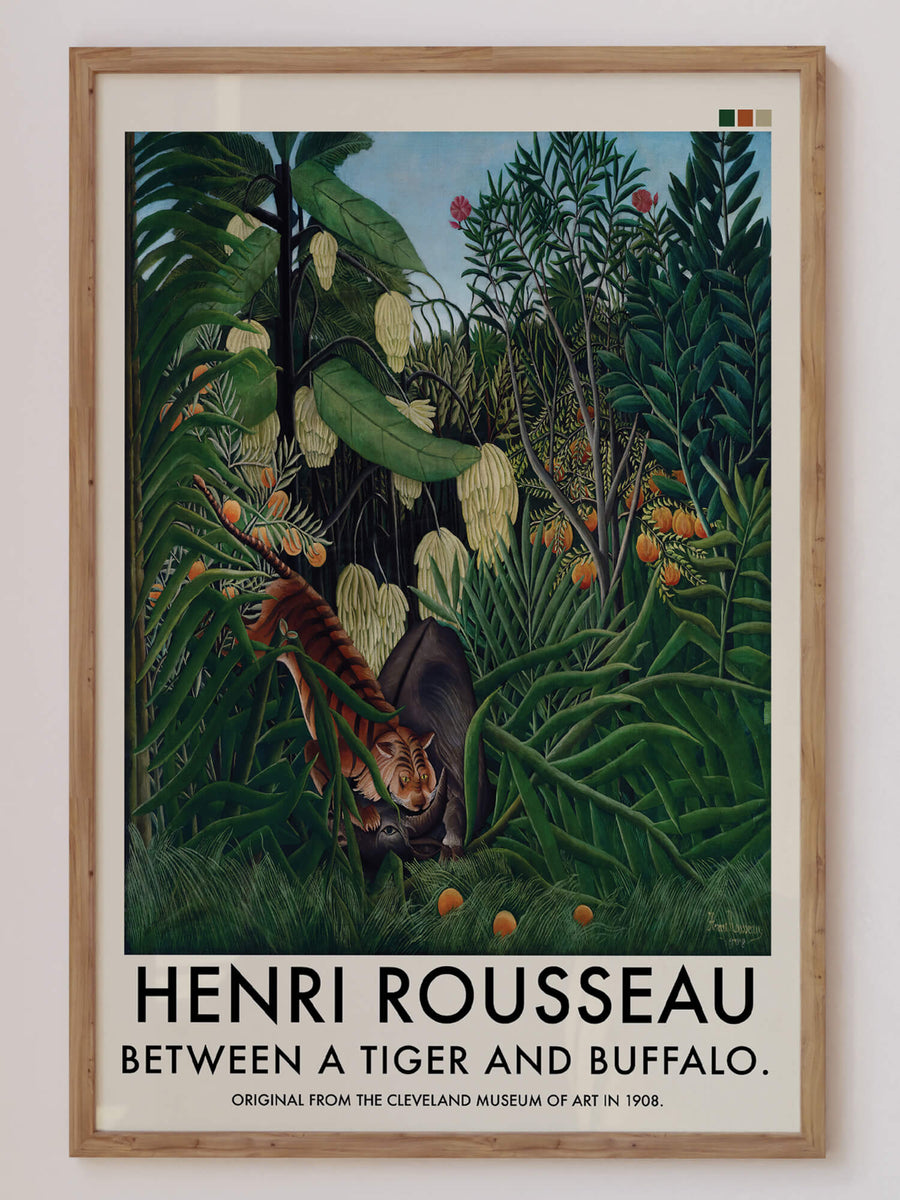 A captivating Henri Rousseau jungle print, depicting a tiger and buffalo hidden in lush tropical foliage. This vintage French masterpiece adds an exotic and dramatic touch to any space, perfect for maximalist decor lovers and art enthusiasts.