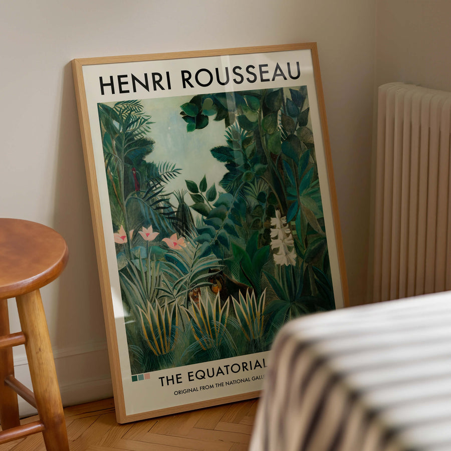 A stunning Henri Rousseau art print featuring a lush tropical jungle with hidden wildlife, perfect for lovers of vintage botanical prints and nature-inspired decor. This masterpiece adds a touch of exotic greenery and maximalist aesthetics to any space.