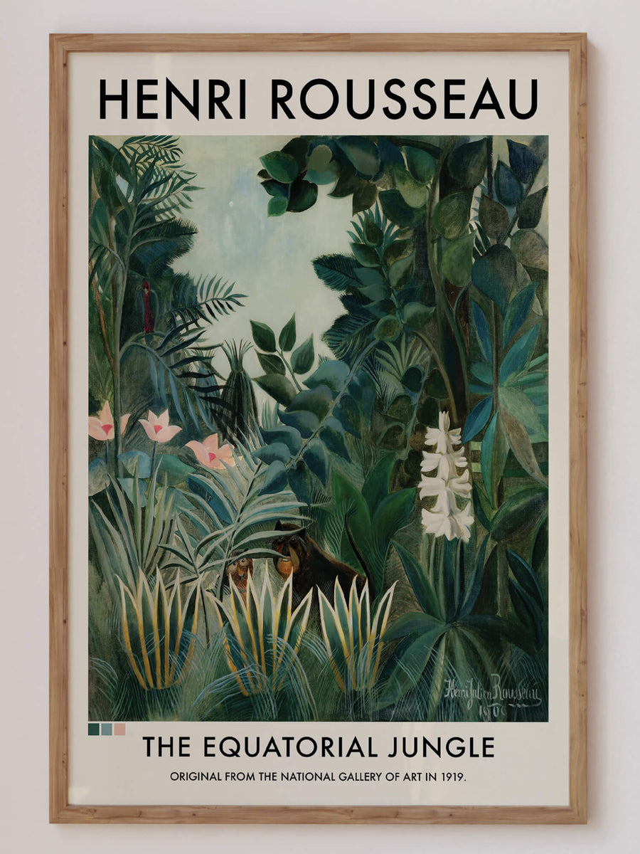 A stunning Henri Rousseau art print featuring a lush tropical jungle with hidden wildlife, perfect for lovers of vintage botanical prints and nature-inspired decor. This masterpiece adds a touch of exotic greenery and maximalist aesthetics to any space.