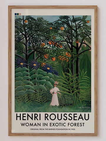 A stunning Henri Rousseau jungle print featuring a woman in a white dress surrounded by lush greenery and vibrant flora. This vintage French artwork is perfect for creating an exotic, botanical-inspired space, ideal for art collectors and maximalist decor lovers.