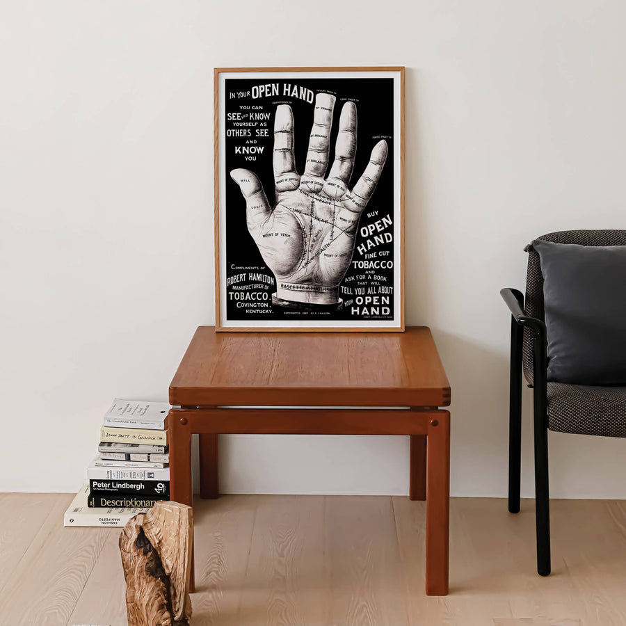 'Palm Reading' print featuring a vintage-inspired hand illustration with palmistry details, perfect for mystical and funky modern home decor. Get 2PrintsFor$100 that comes with Free Shipping 🚚💫 in Australia.