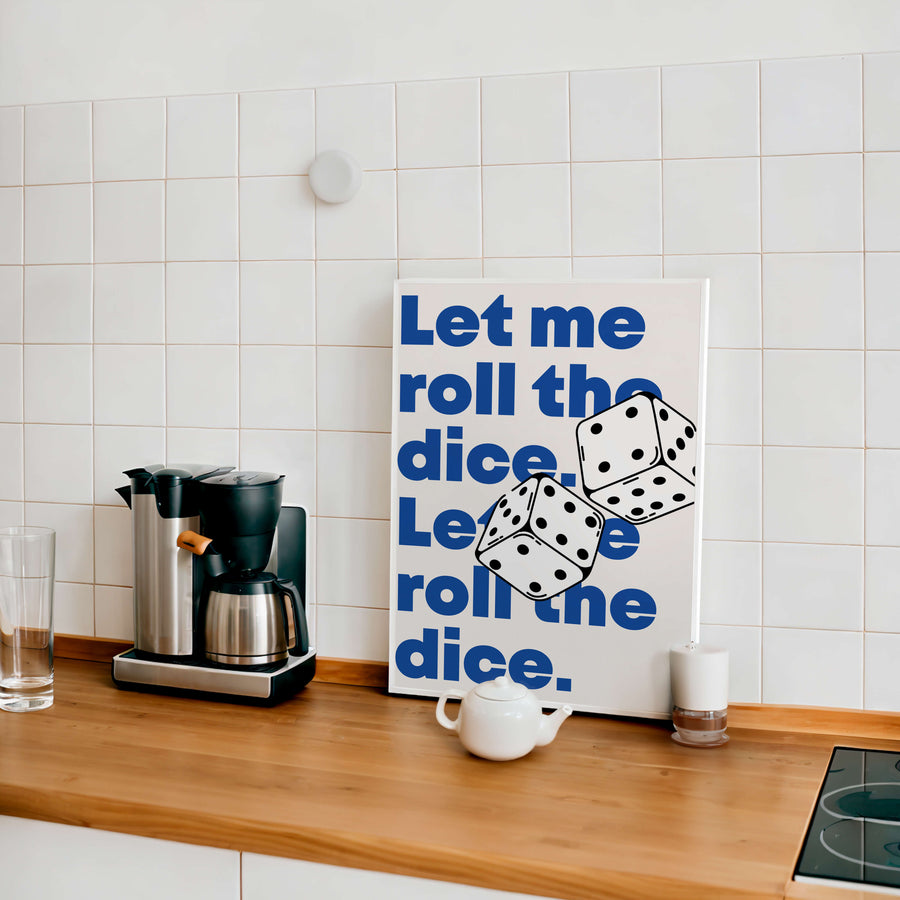 'Rolling Dice' print featuring bold typography with a dynamic dice design, perfect for funky modern home decor. Get 2PrintsFor$100 that comes with Free Shipping 🚚💫 in Australia.