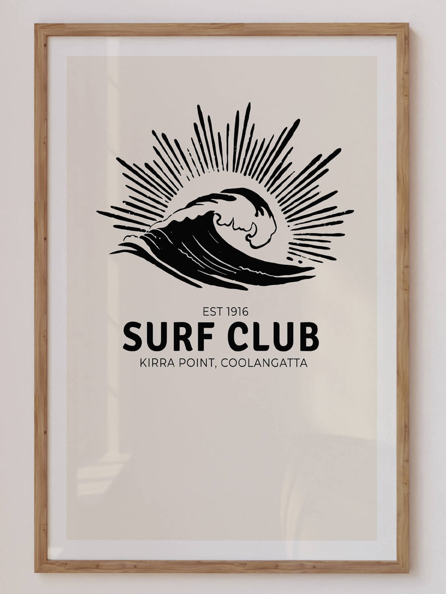 'Surf Club' print featuring a retro surf-inspired design with beachy vibes, perfect for funky modern Australian home decor. Get 2PrintsFor$100 that comes with Free Shipping 🚚💫 in Australia.