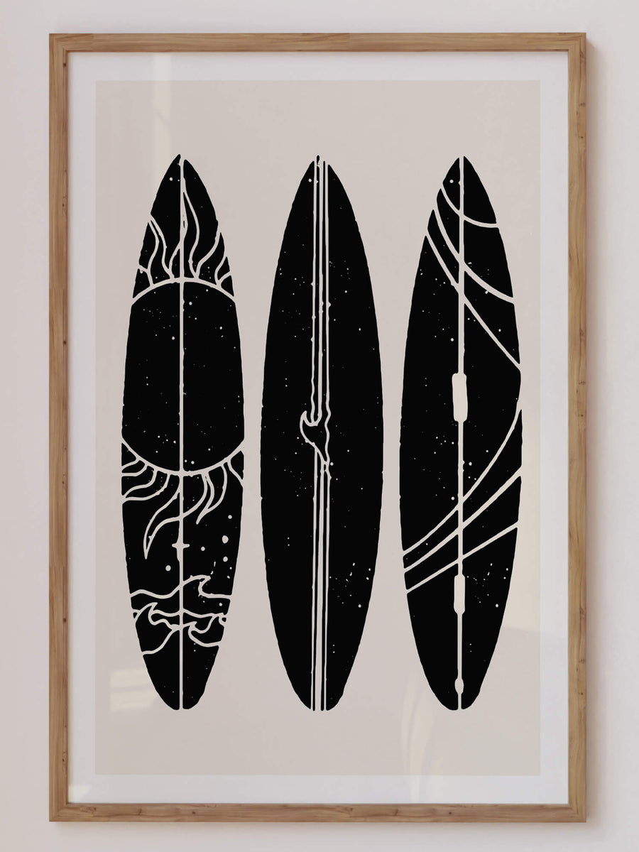 'Surfboards' print featuring a vibrant, beachy aesthetic with retro surf culture vibes, perfect for funky modern home decor. Get 2PrintsFor$100 that comes with Free Shipping 🚚💫 in Australia.