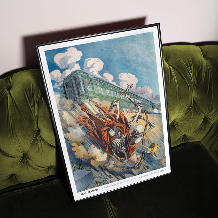 O Death, Where Is Thy Sting' print by Udo Keppler (1913), featuring a bold vintage political cartoon with symbolic imagery, perfect for funky modern home decor. Get 2PrintsFor$100 that comes with Free Shipping 🚚💫 in Australia.