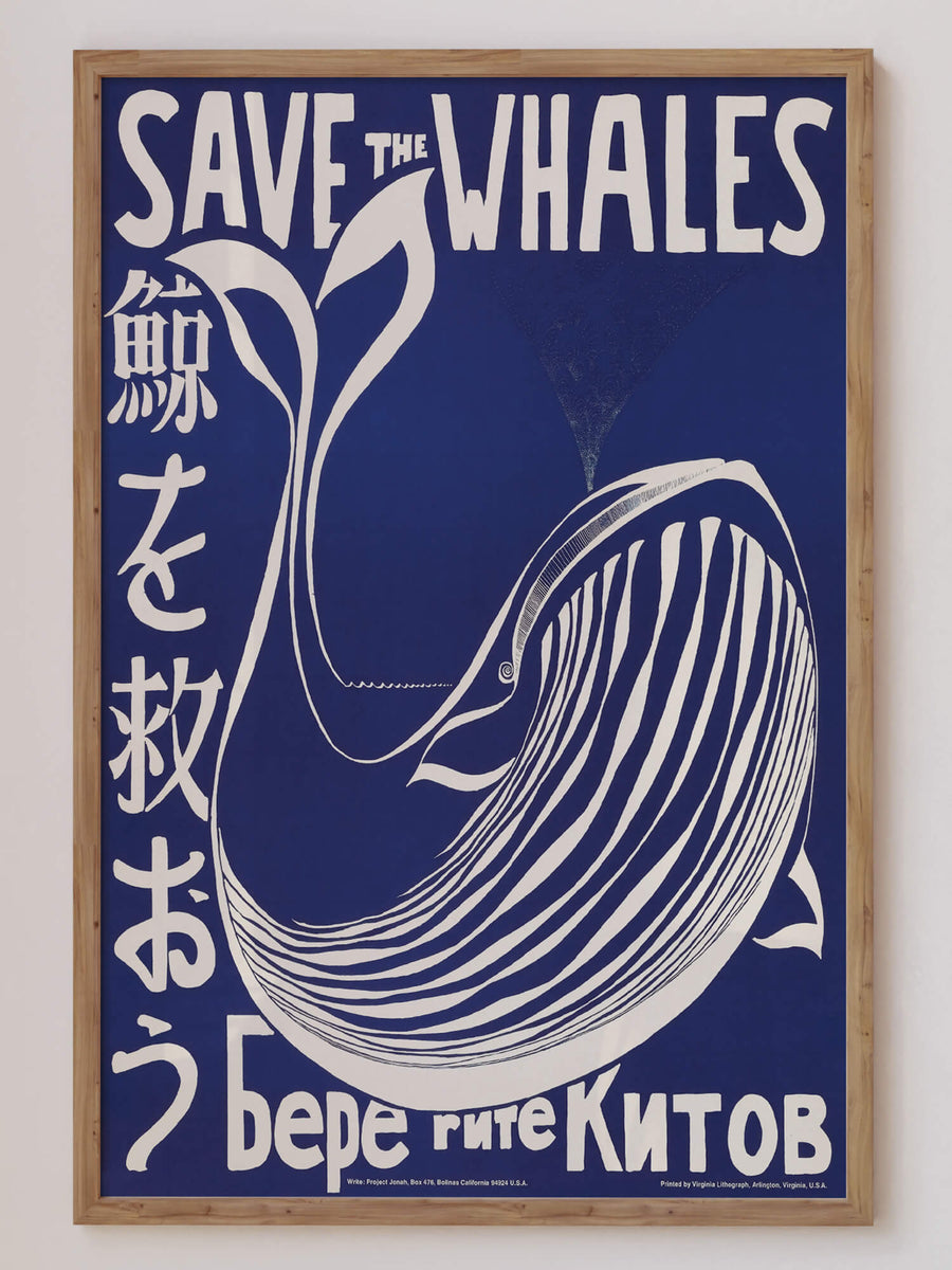 'Save the Whales' print featuring a bold, vintage-inspired ocean conservation message with a striking whale illustration, perfect for funky modern home decor. Get 2PrintsFor$100 that comes with Free Shipping 🚚💫 in Australia.