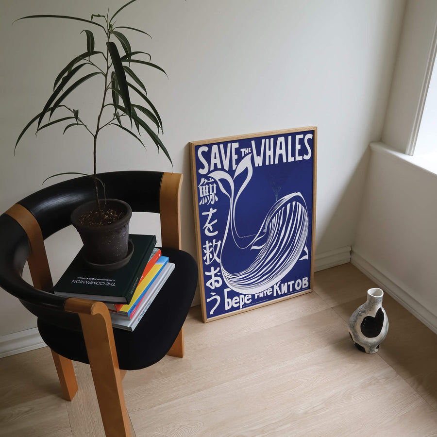 'Save the Whales' print featuring a bold, vintage-inspired ocean conservation message with a striking whale illustration, perfect for funky modern home decor. Get 2PrintsFor$100 that comes with Free Shipping 🚚💫 in Australia.