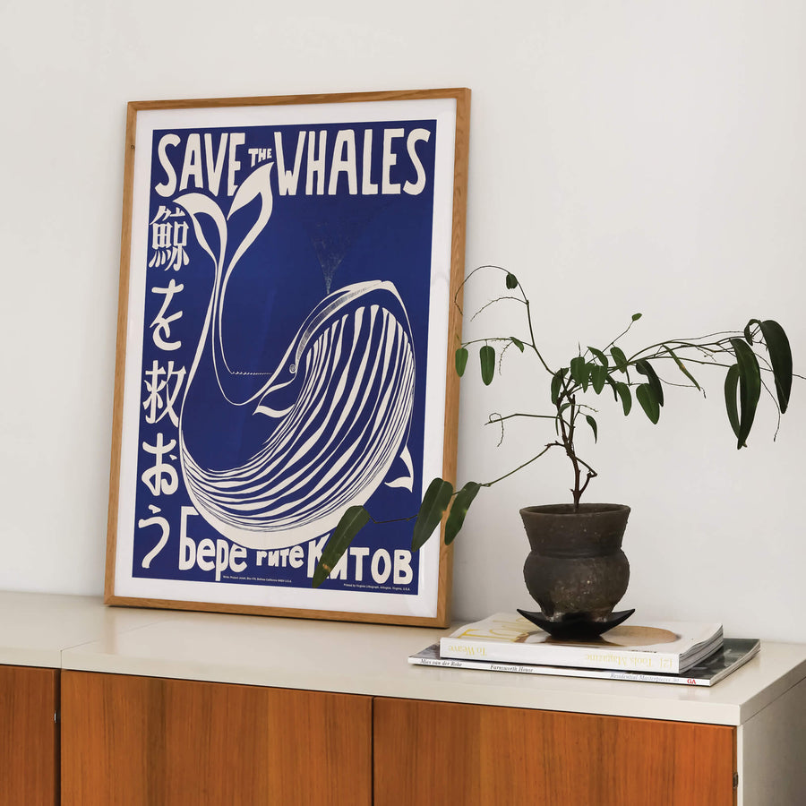 'Save the Whales' print featuring a bold, vintage-inspired ocean conservation message with a striking whale illustration, perfect for funky modern home decor. Get 2PrintsFor$100 that comes with Free Shipping 🚚💫 in Australia.